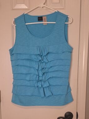 Rafaella Turquoise Blue Ruffle Front Sleeveless Tank
